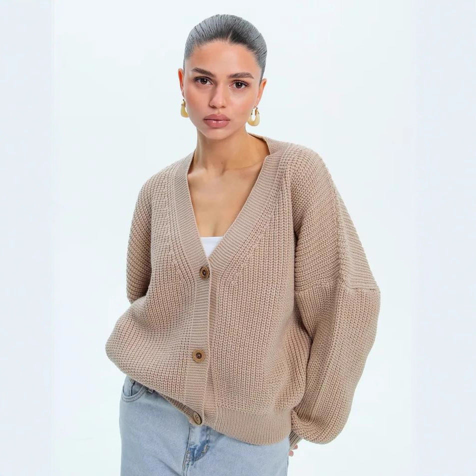Damen lässiger Strickjacke mit voluminösen Ärmeln und modernen Knopfdetails R&B