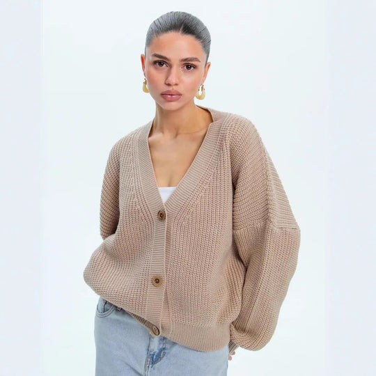 Damen lässiger Strickjacke mit voluminösen Ärmeln und modernen Knopfdetails R&B