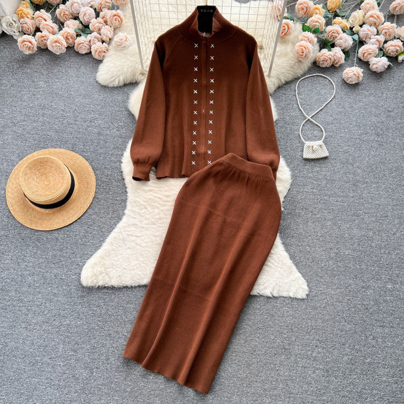 Damen eleganter Strickanzug mit Reißverschluss R&B