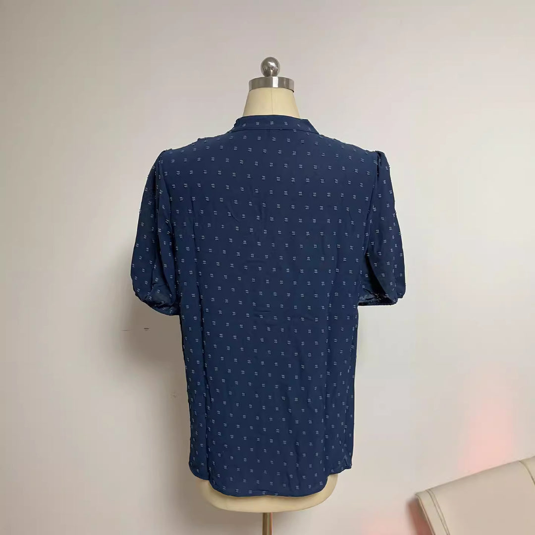 Damen nan semitransparente Dobby-Bluse mit Stehkragen, Häkelblende und Puffärmeln R&B