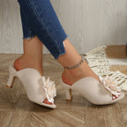 Damen Offene High Heel Mules mit floraler Applikation und elegantem Design R&B