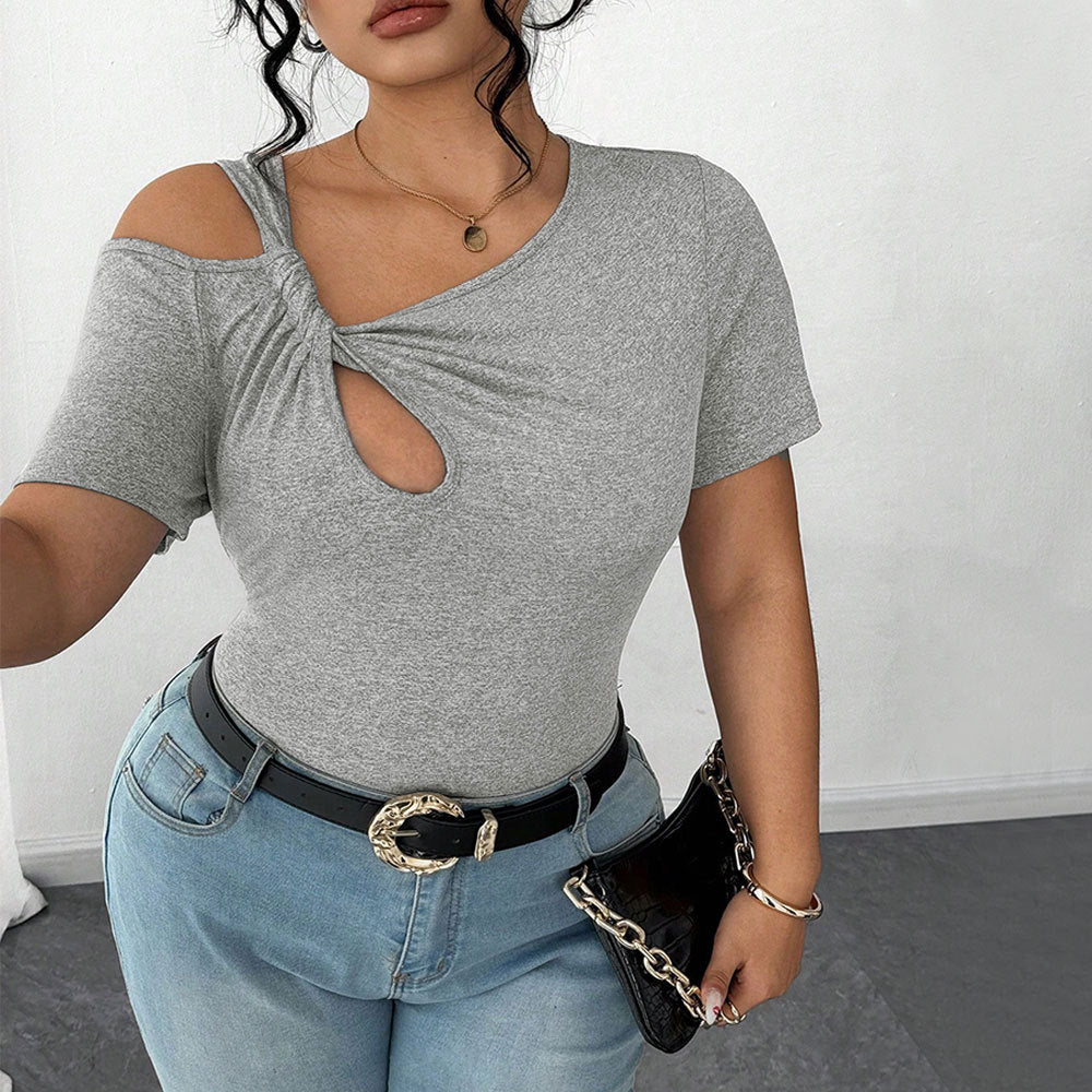 Damen Figurbetontes Kurzarm-Body mit asymmetrischem Ausschnitt und Knotendetail R&B