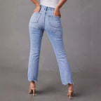 Damen modische Hochwasser Jeans im lässigen Vintage-Stil mit fransigem Saum R&B