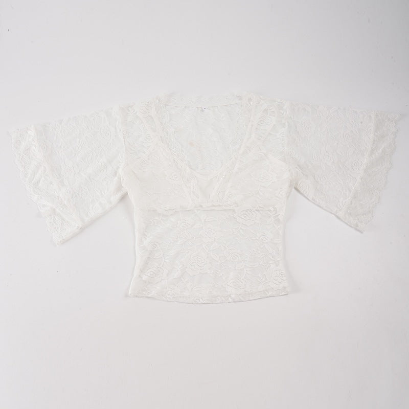Damen Spitzenoberteil mit weitem Ärmel und romantischen Rüschendetails R&B
