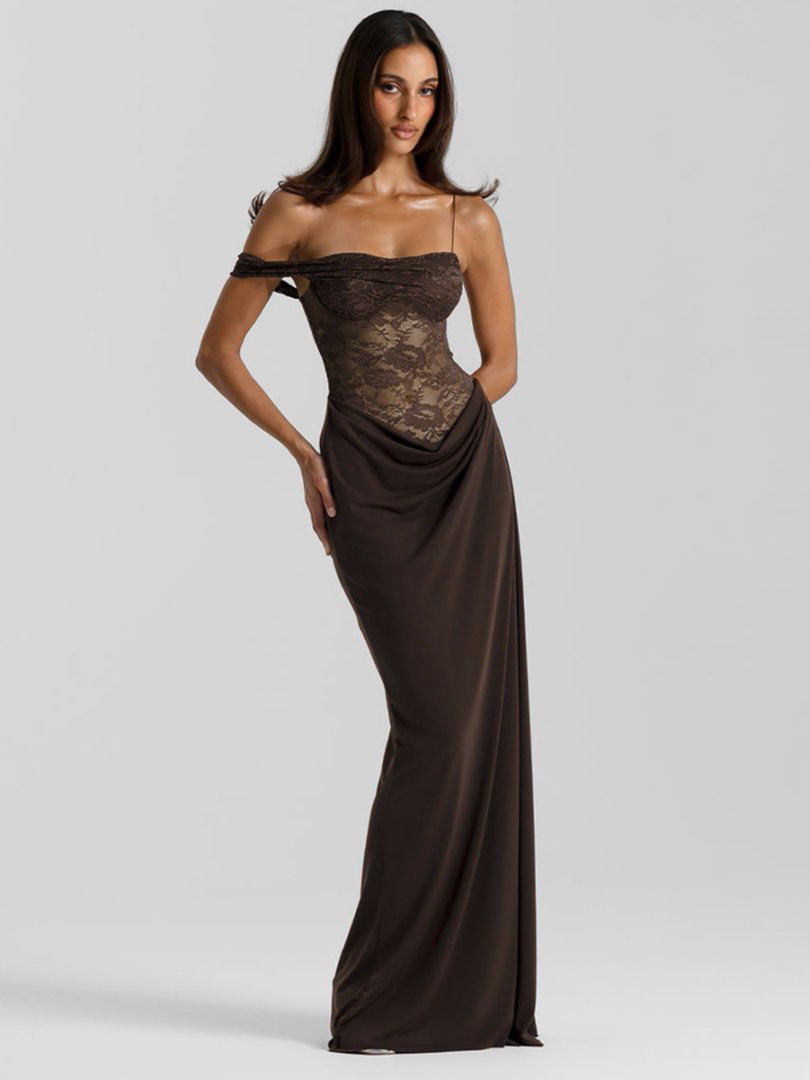 Damen Elegantes Cocktailkleid mit Spitzenoberteil und fließendem Rock R&B