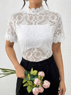 Damen nan semi-transparentes Spitzen-Top mit hohem Rüschenkragen und blickdichter Brustpartie R&B