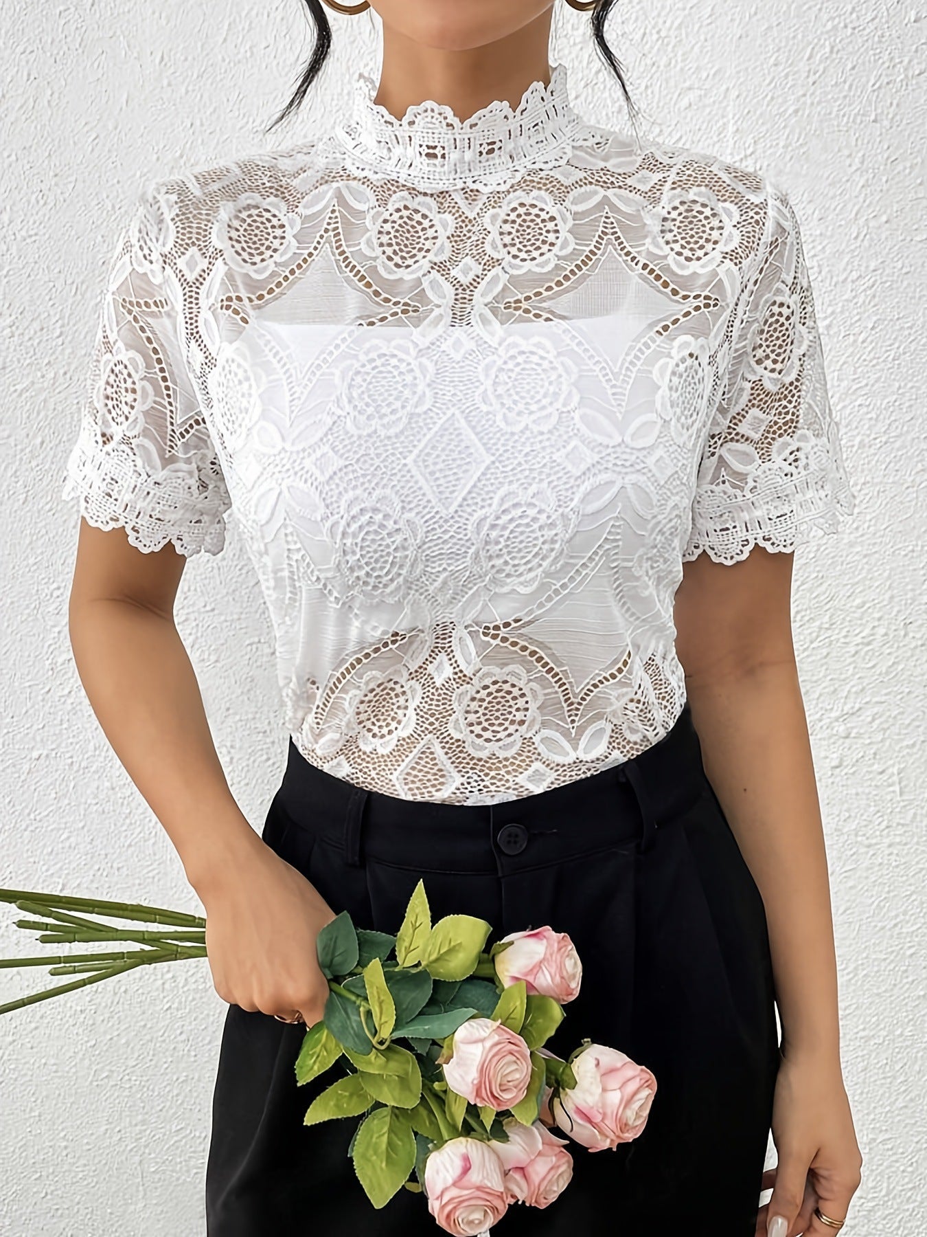 Damen nan semi-transparentes Spitzen-Top mit hohem Rüschenkragen und blickdichter Brustpartie R&B