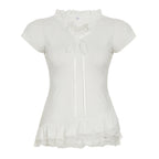Damen Elegantes Rüschentop mit femininer Schnürung und zarten Spitzenakzenten R&B