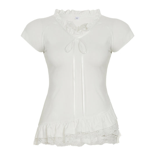 Damen Elegantes Rüschentop mit femininer Schnürung und zarten Spitzenakzenten R&B