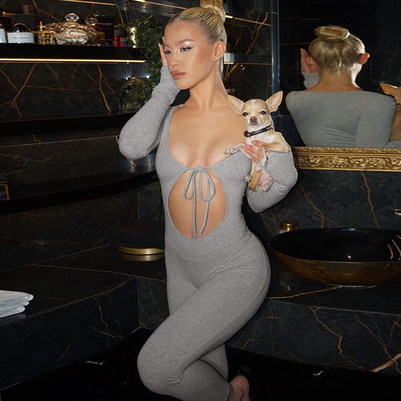 Damen Figurbetonter Langarm-Jumpsuit mit herzförmigem Ausschnitt und schnürbarem Detail R&B