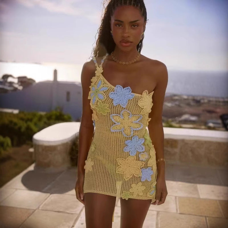 Damen Häkelkleid mit floralem Design und asymmetrischem Schnitt R&B