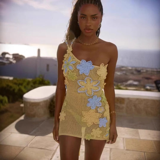 Damen Häkelkleid mit floralem Design und asymmetrischem Schnitt R&B