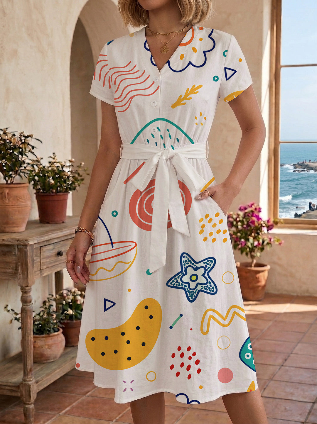 Damen Midikleid mit farbenfrohem Blumendesign und taillierbarem Bindegürtel R&B