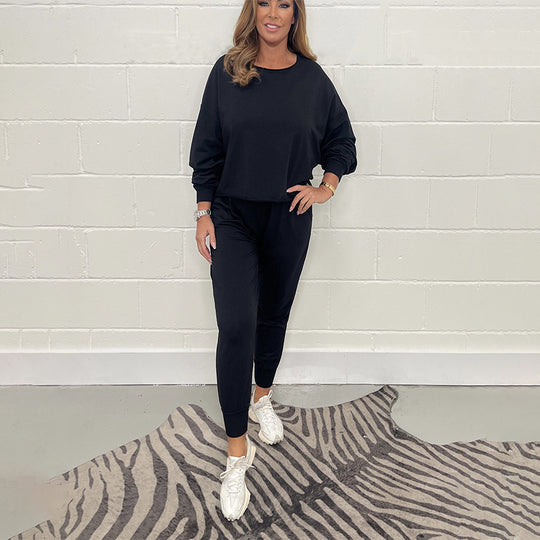 Damen Lässiges Fleece-Loungewear-Set mit weitem Oberteil und elastischen Hosen R&B