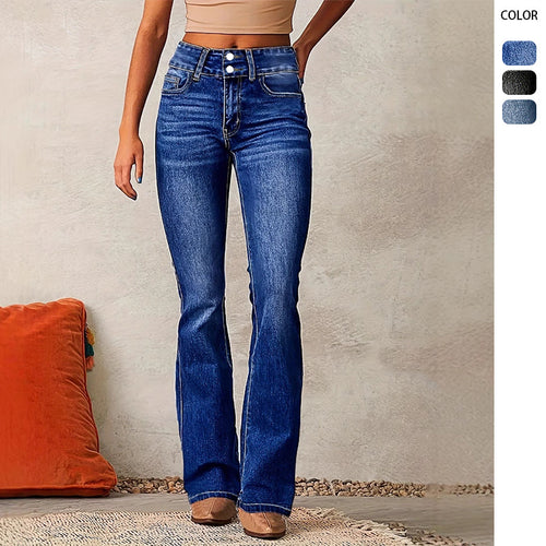 Damen Hohe Taille Flared Jeans mit dekorativen Knopfdetails und figurschmeichelndem Schnitt R&B