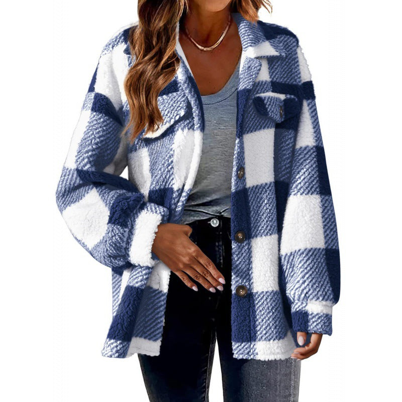 Damen Flauschige Karojacke mit Druckknopfverschluss und praktischen Taschen R&B