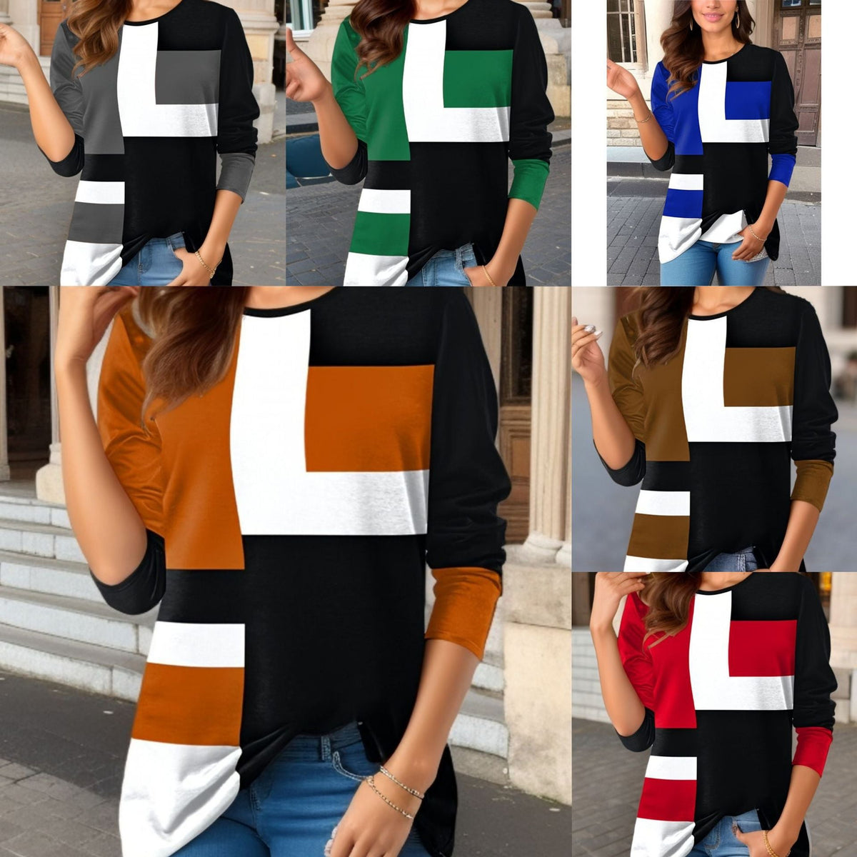 Damen nan geometrisches Colorblock Longsleeve-Tunika-Oberteil mit Rundhalsausschnitt und asymmetrischem Saum R&B