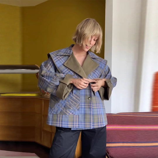 Damen Karierte Überjacke mit weitem Schnitt und klassischen Reverskragen R&B