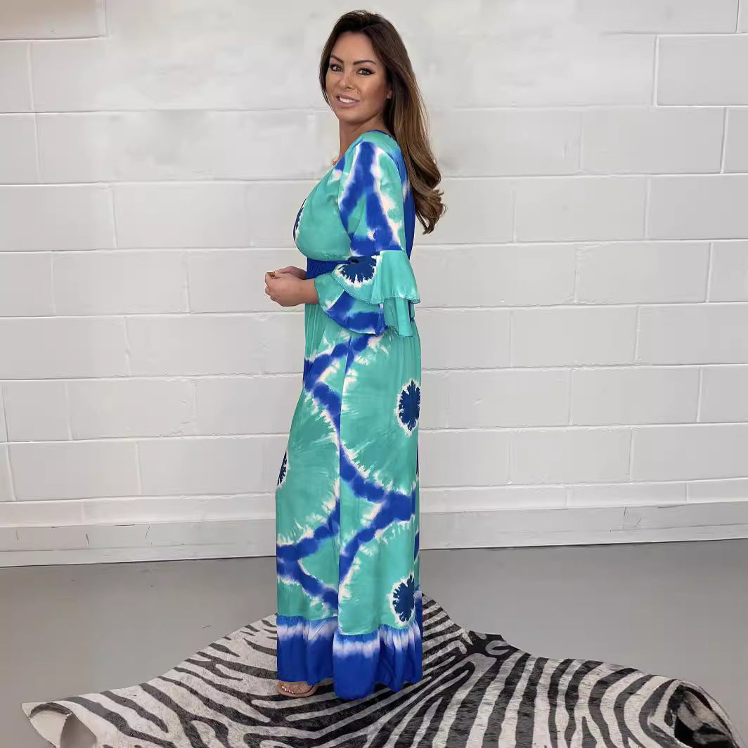 Damen Maxikleid mit asymmetrischen Ärmeln und einzigartigem Batik-Design R&B