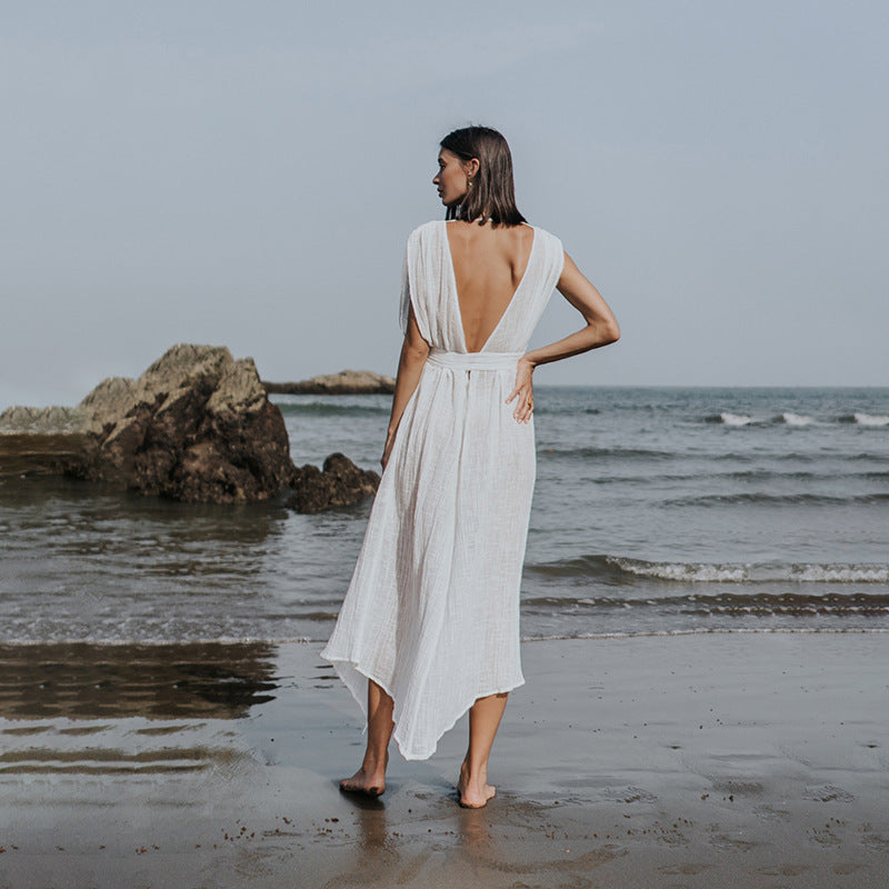 Damen luftiges Strandkleid mit Bindegürtel R&B
