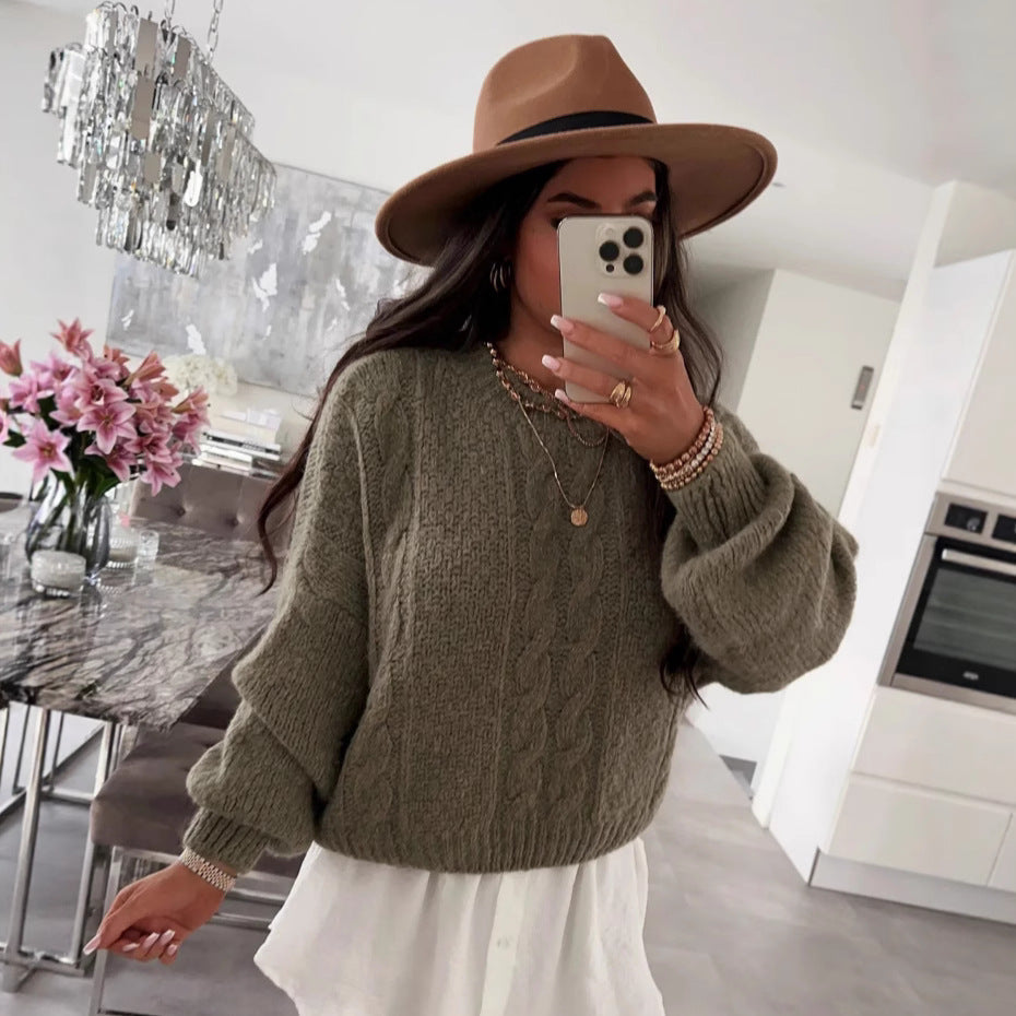 Damen Grobstrickpullover mit voluminösen Ärmeln und romantischem Zopfdesign R&B