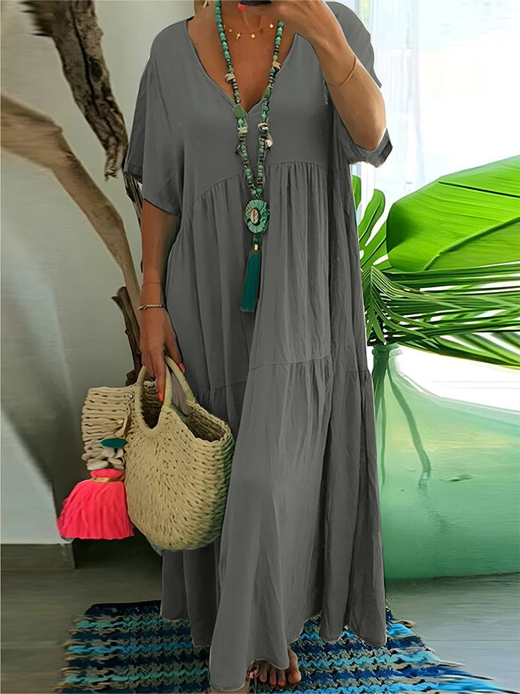 Damen luftiges Boho-Maxikleid mit schwingendem Saum und tiefem V-Ausschnitt R&B