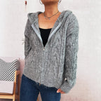 Damen kuschelige Grobstrickjacke mit Kapuze und Reißverschluss R&B