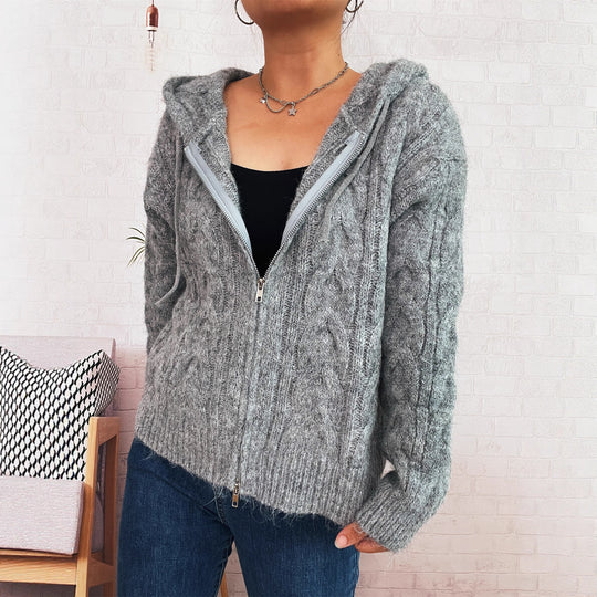 Damen kuschelige Grobstrickjacke mit Kapuze und Reißverschluss R&B