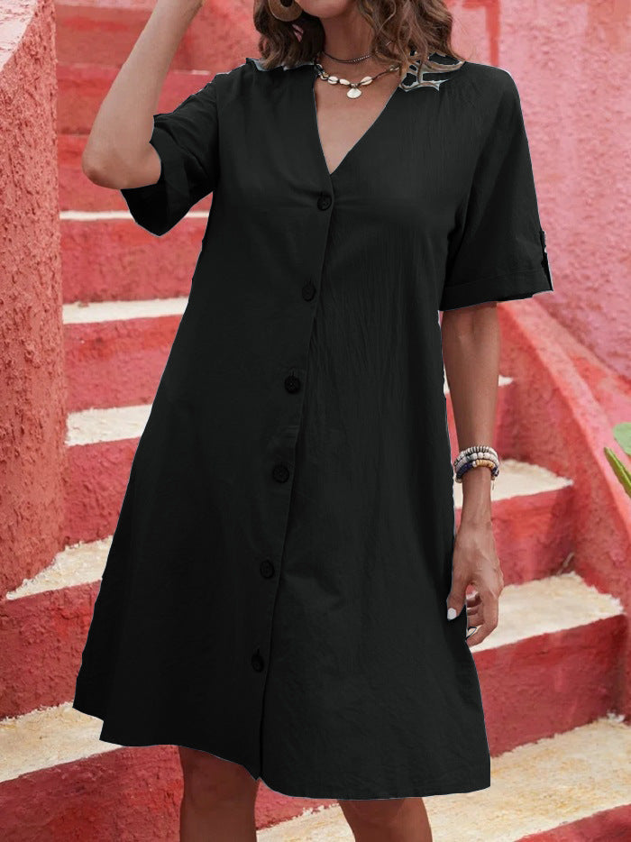 Damen Knielanges Hemdblusenkleid mit Knopfleiste und Kurzarm R&B