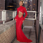 Damen figurbetontes Maxikleid mit asymmetrischem Cut-Out und hochgeschlossenem Kragen R&B