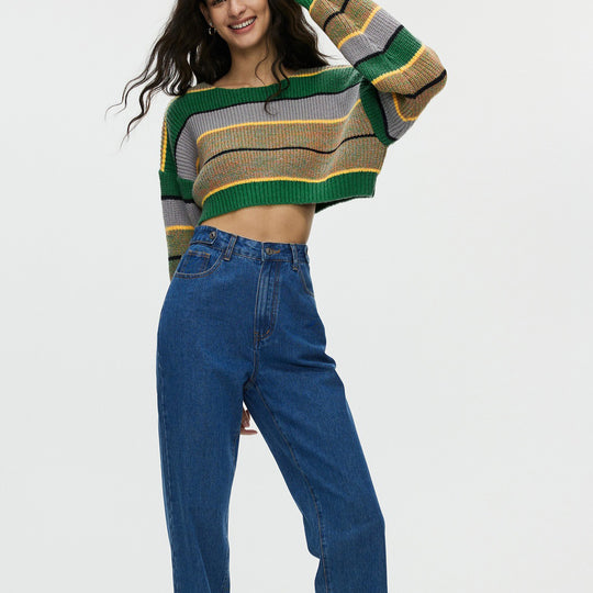 Damen Crop-Pullover mit lässigen Streifen und weichem Material R&B