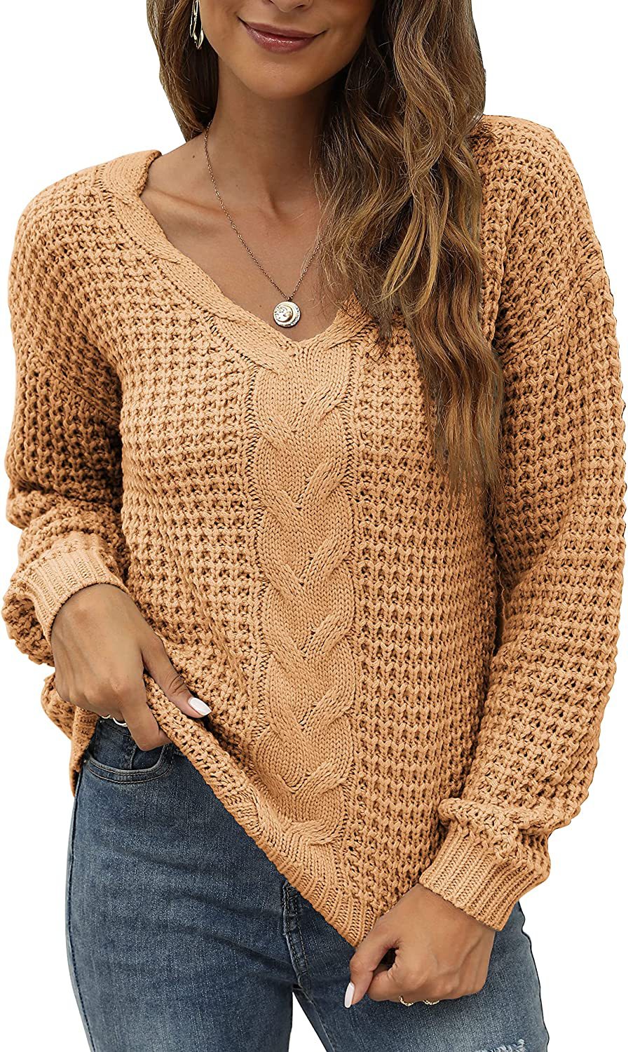 Damen lässiger Strickpullover mit tiefem V-Ausschnitt und detailliertem Zopfmuster R&B