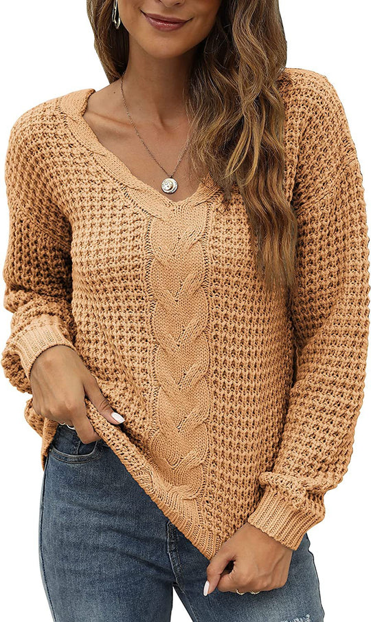 Damen lässiger Strickpullover mit tiefem V-Ausschnitt und detailliertem Zopfmuster R&B