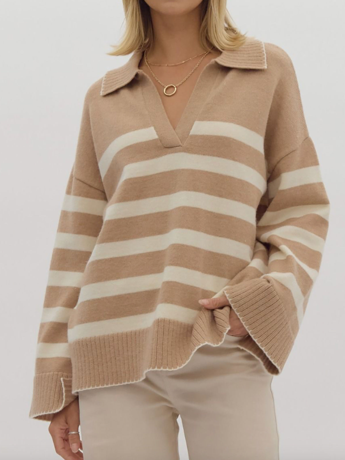 Damen kuschelige Strickpullover mit modernem Streifenmuster und V-Ausschnitt R&B