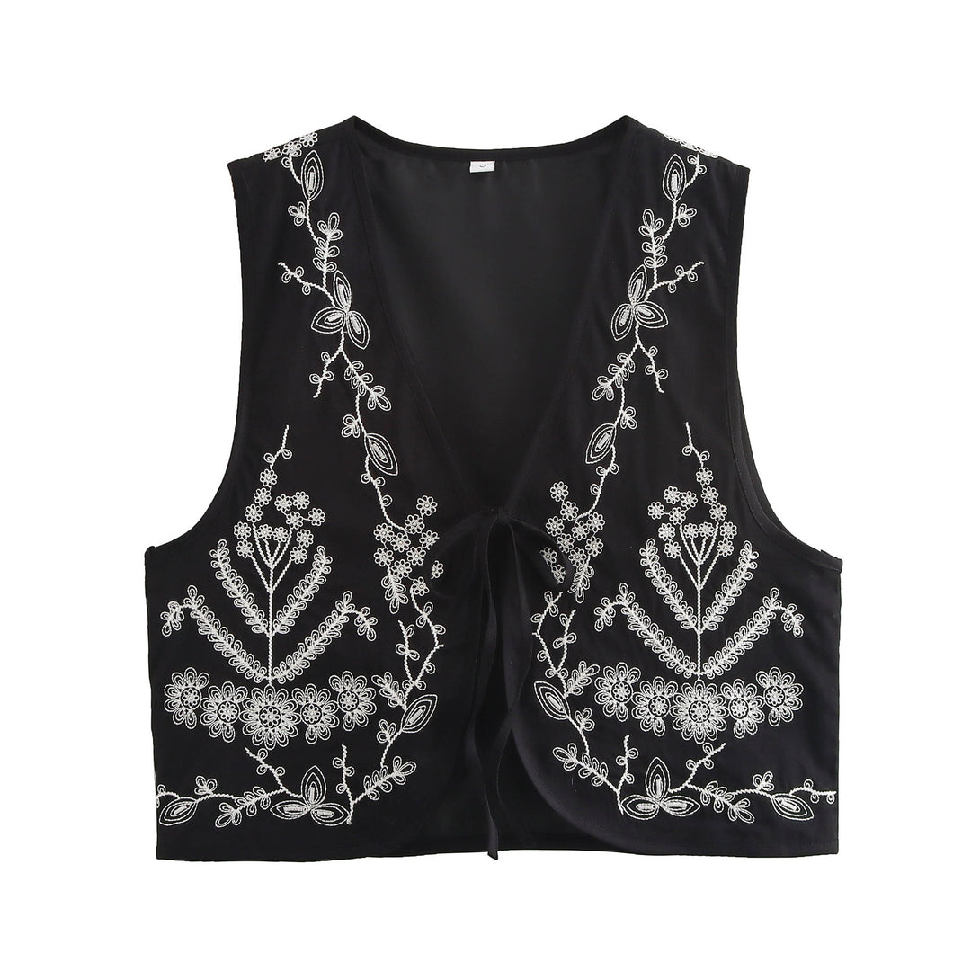 Damen elegante bestickte Weste mit offenem Schnitt und seitlichen Binde-Details R&B
