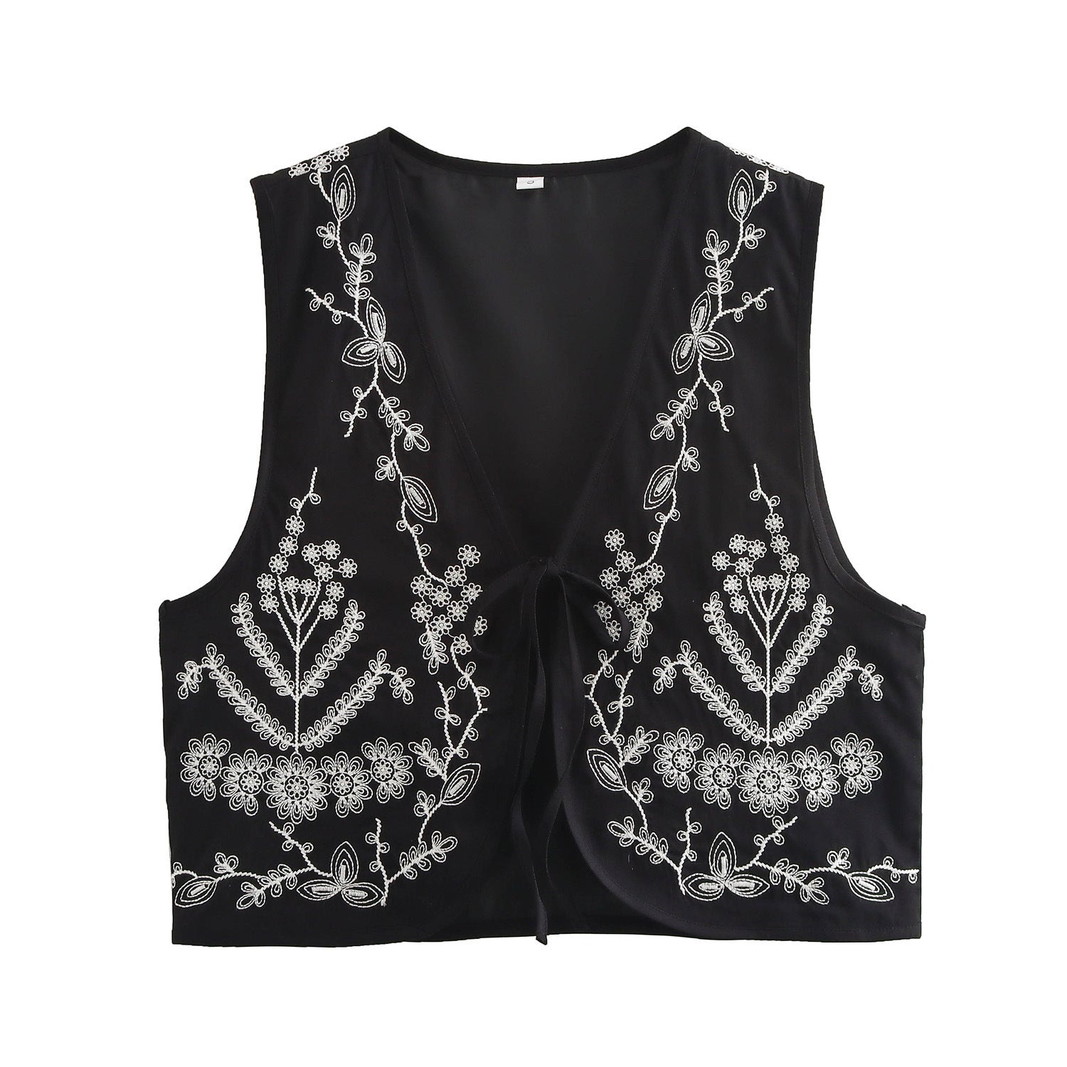Damen elegante bestickte Weste mit offenem Schnitt und seitlichen Binde-Details