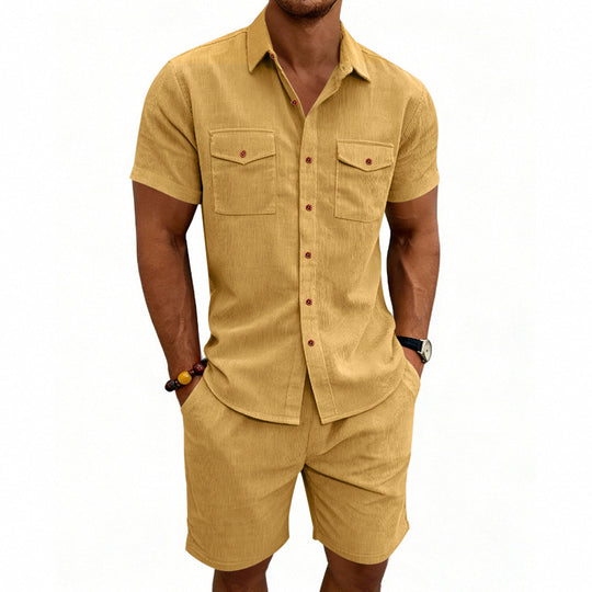 Herren nan strukturiertes Cord-Freizeitset mit Camp-Kragen-Hemd und lässigen Shorts R&B