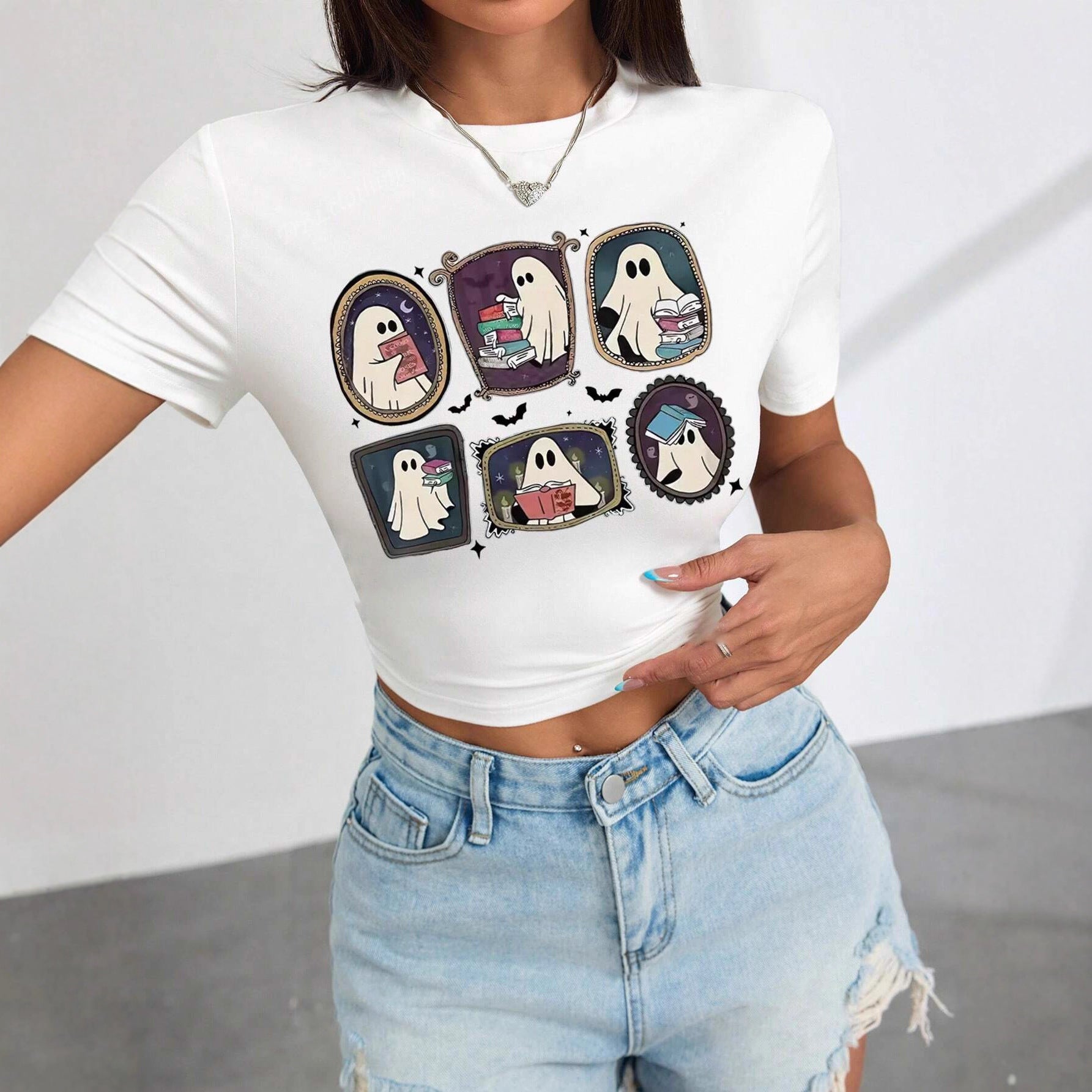 Damen Crop-T-Shirt mit verspieltem Geistermotiv R&B