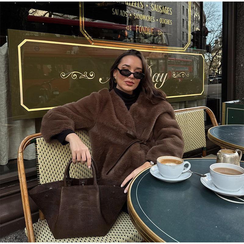 Damen Kuschelige Kunstfelljacke mit Gürtel R&B