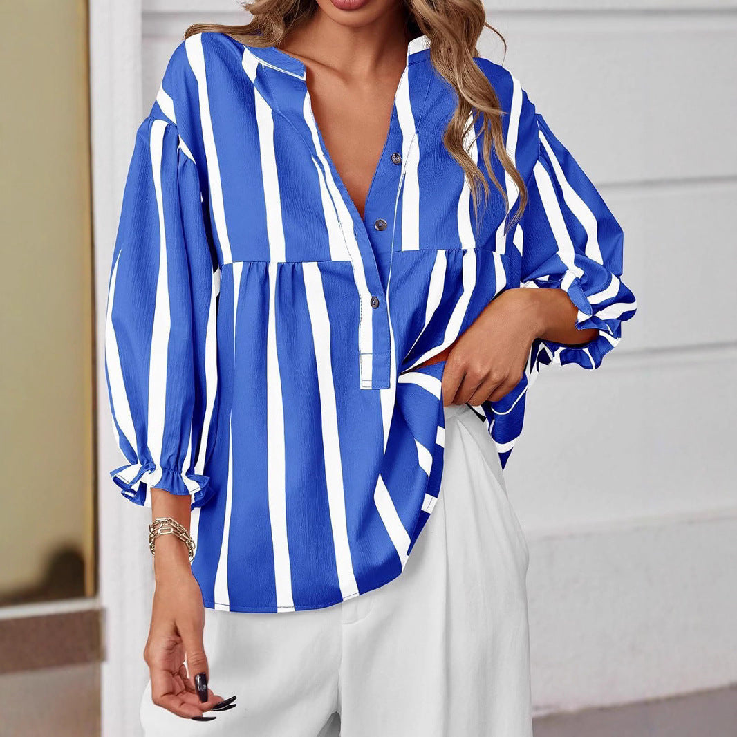 Damen oversize Bluse mit Streifenmuster und Knopfleiste R&B