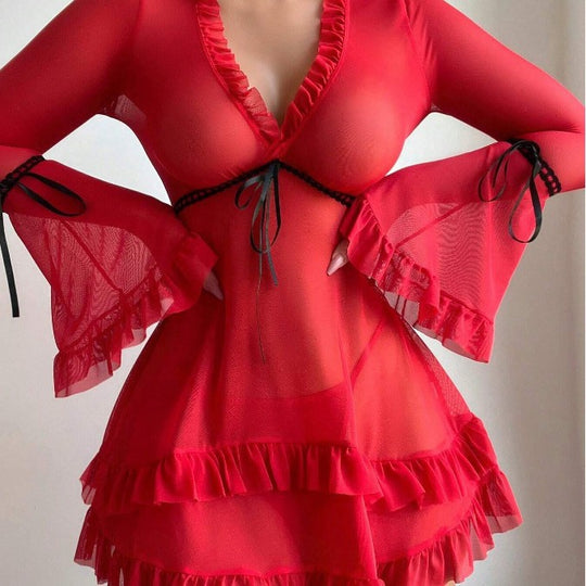 Damen transparentes Strandkleid mit voluminösen Rüschen und langen Ärmeln R&B