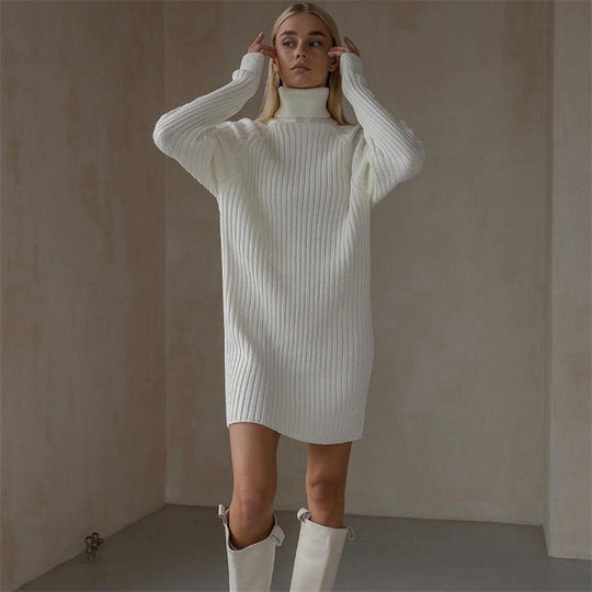 Damen Strickkleid mit hohem Kragen und großen Ärmeln R&B