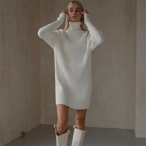 Damen Strickkleid mit hohem Kragen und großen Ärmeln R&B
