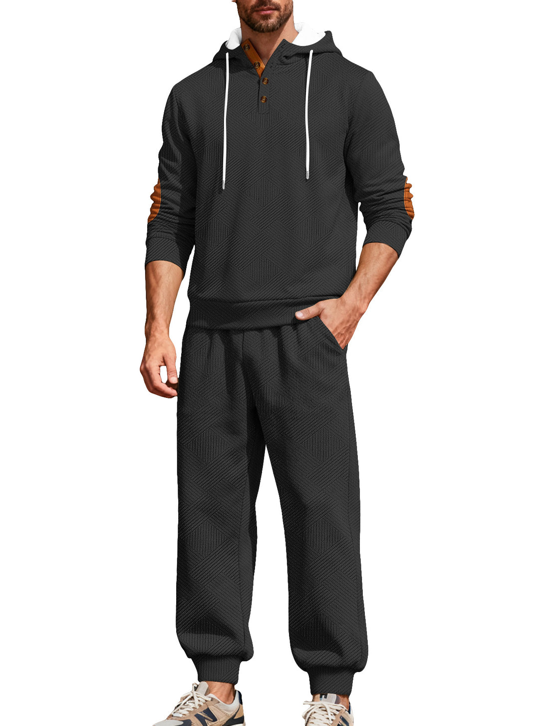 Herren nan strukturiertes Kapuzen-Joggingset mit Henley-Knopfleiste und Kontrast-Ellenbogenpatches R&B