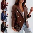 Damen eleganter Kunstleder Blazer mit doppelter Knopfleiste R&B