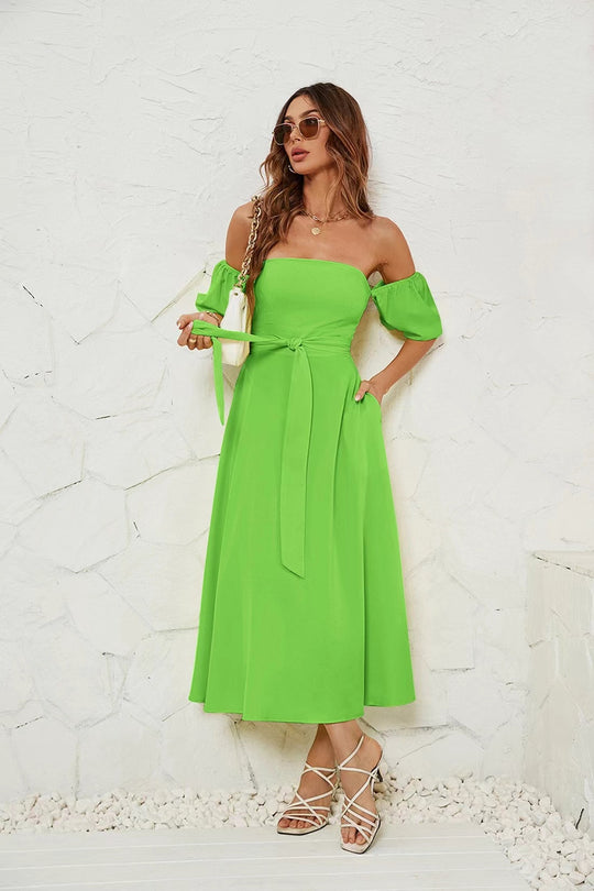 Damen Off-Shoulder Maxikleid mit geknotetem Taillengürtel R&B