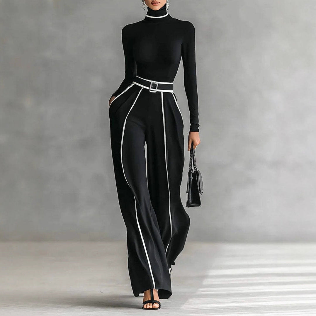 Damen nan elegantes Strickset mit tailliertem Rollkragenoberteil und weiter Plisseehose mit Taillengürtel R&B