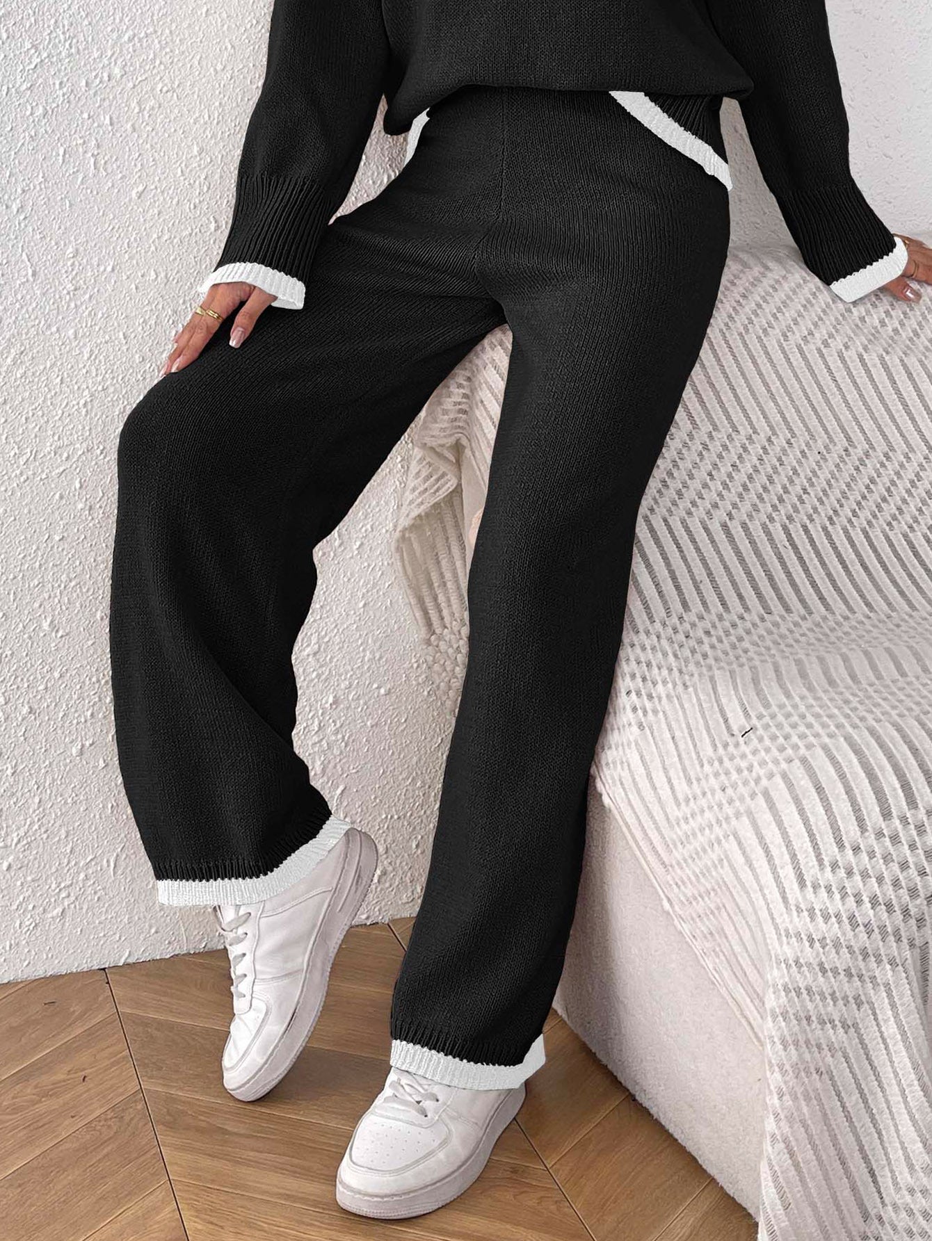 Damen lässige Strickhose mit kontrastierendem Bündchen R&B