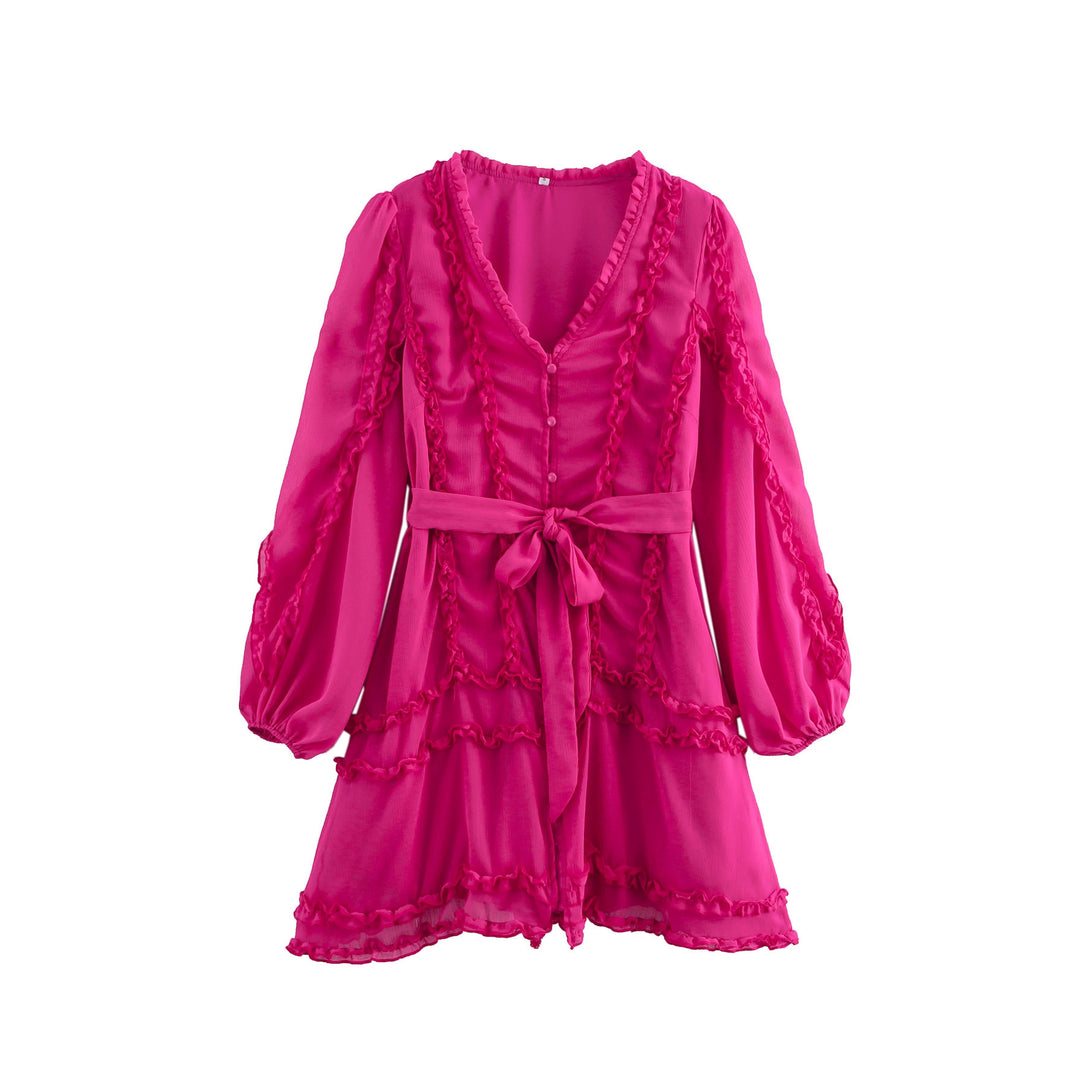Damen verspieltes Minikleid mit Rüschendetails und Taillengürtel R&B