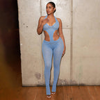 Damen Cut-Out Bodycon Overall mit tiefem V-Ausschnitt und transparenter Häkelstruktur R&B